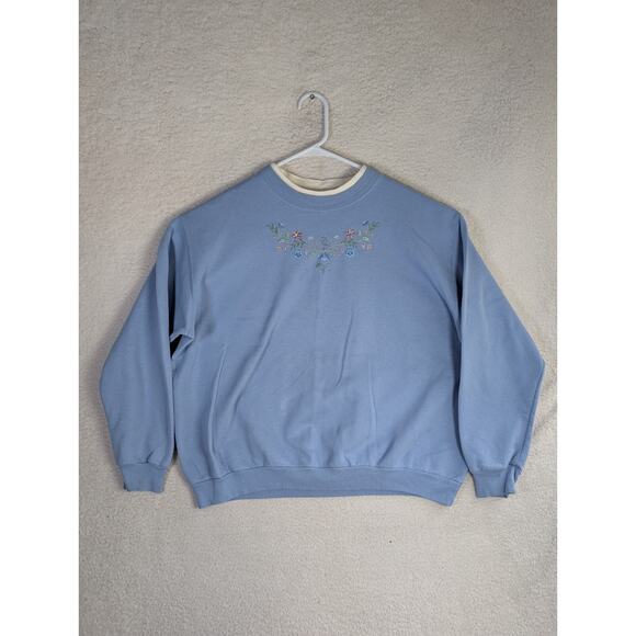 Vintage Top Stitch Sweatshirt Womens XL Blue Floral Cottagecore Embroidered - Picture 1 of 16